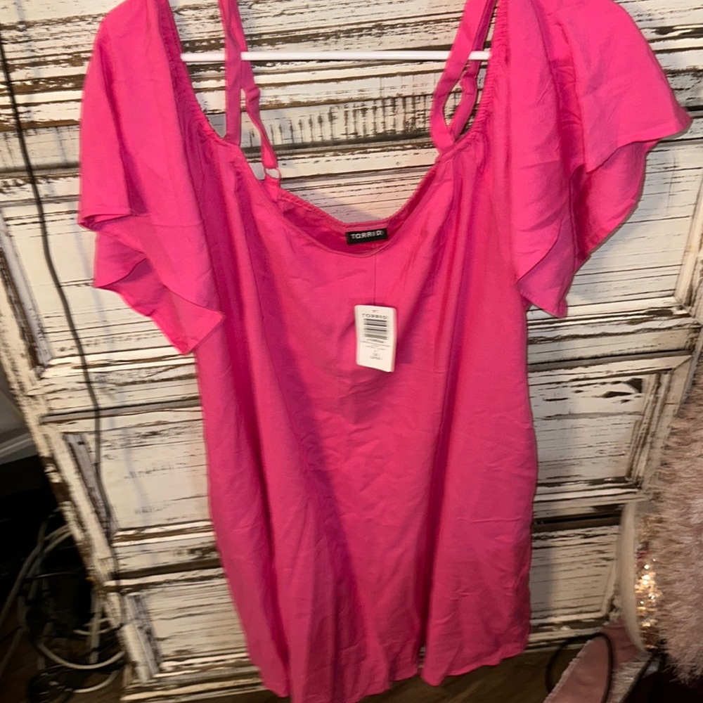 NWT torrid pink cold shoulder trapeze dress adjustable straps fluffy sleeves 1